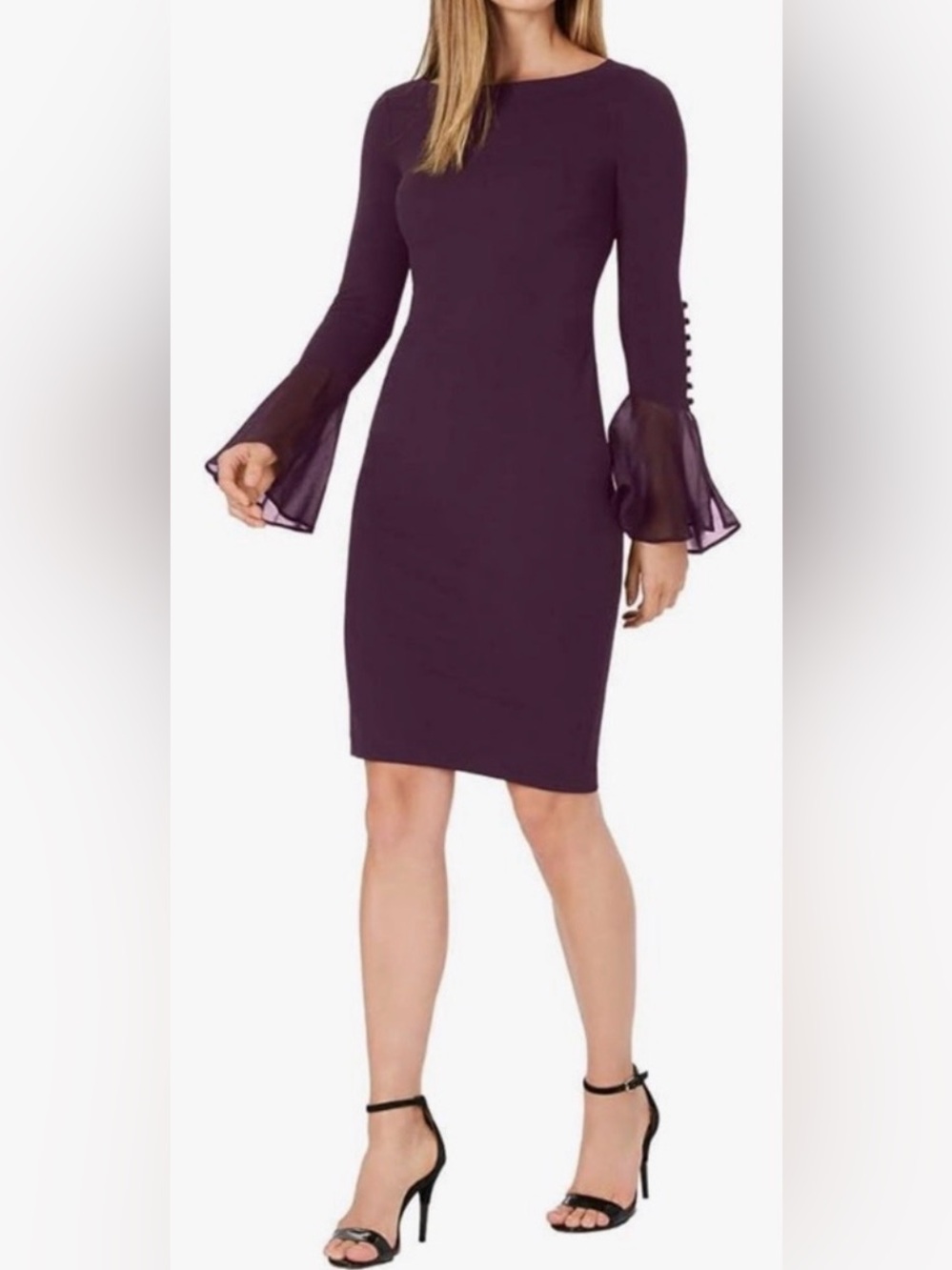 Calvin Klein Plum Midi Sheath Dress with Sheer Bell Sleeves Size 14W